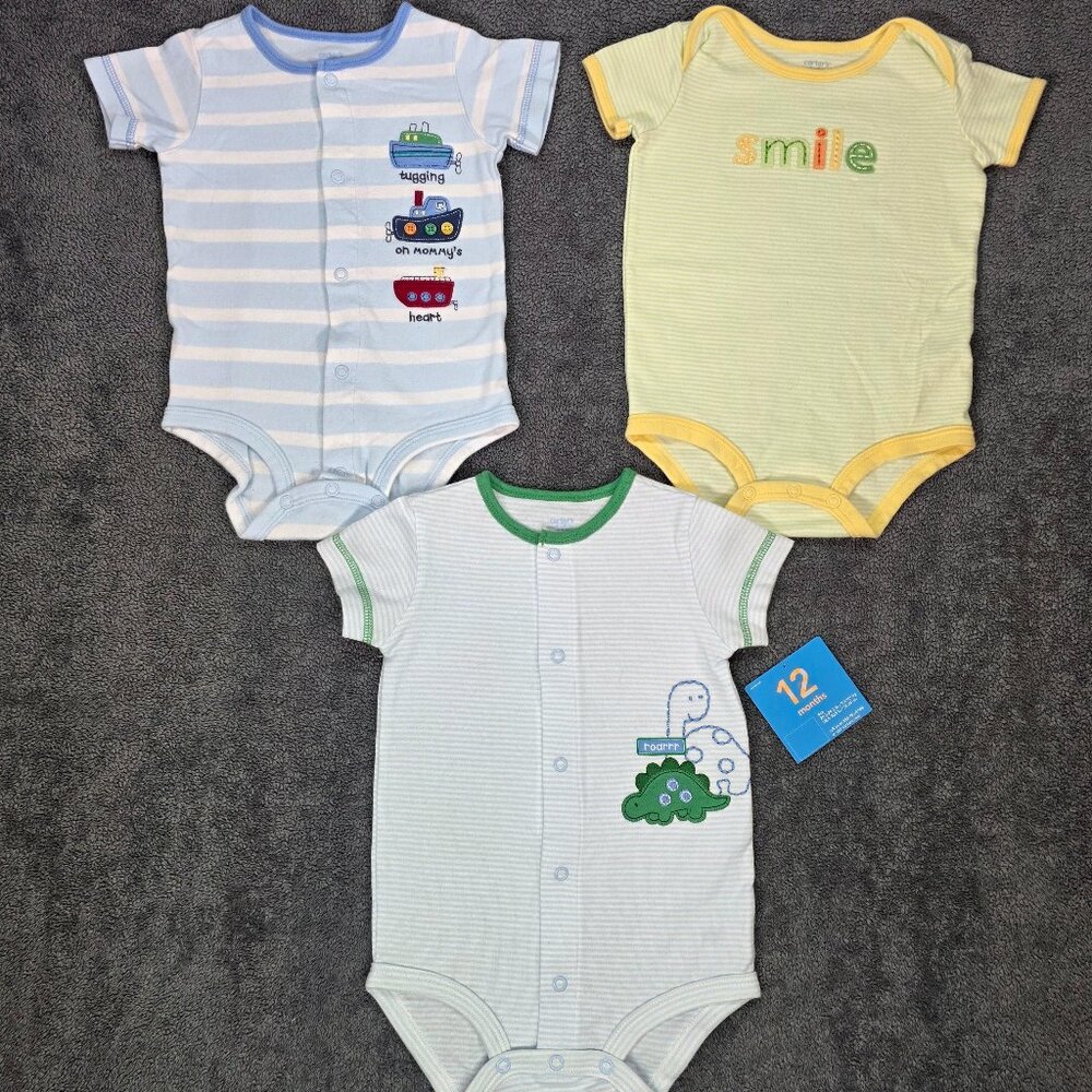 Carter’s Baby Bodysuit Romper Lot 12M Dino Smile Tugboat 3pc